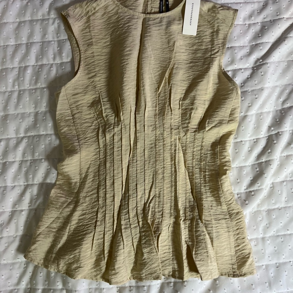 Anthropologie Tan Pleated Smocked Blouse